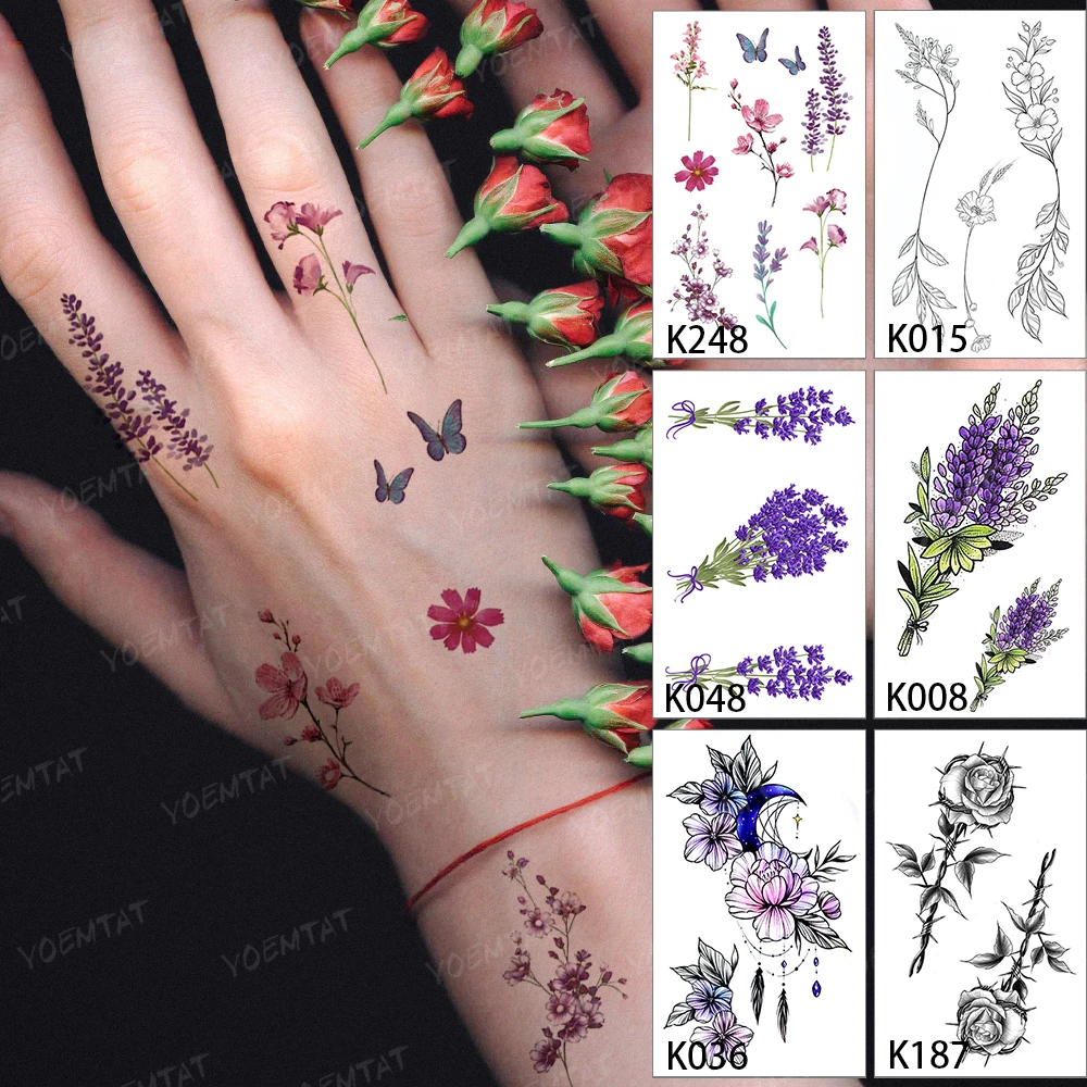 

6pcs/lot 3DWaterproof Temporary Tattoo Sticker Woman Lavender Butterfly Rose Flower Flash Tatto Kids Arm Body Art Fake Tatoo Men