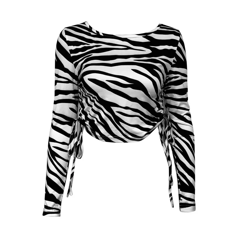 

Zebra Striped Pattern Crop Tops Women Long Sleeves Black Side Drawstring Slim Fit T-Shirts Lady Fall Spring Crop Top Streetwear