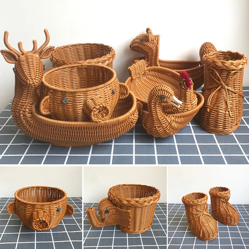 

Rattan Woven Fruit Basket Cute Shape Fruit Bowls Tray Vegetable Snack Basket Novelty Animal Shaped SER88
