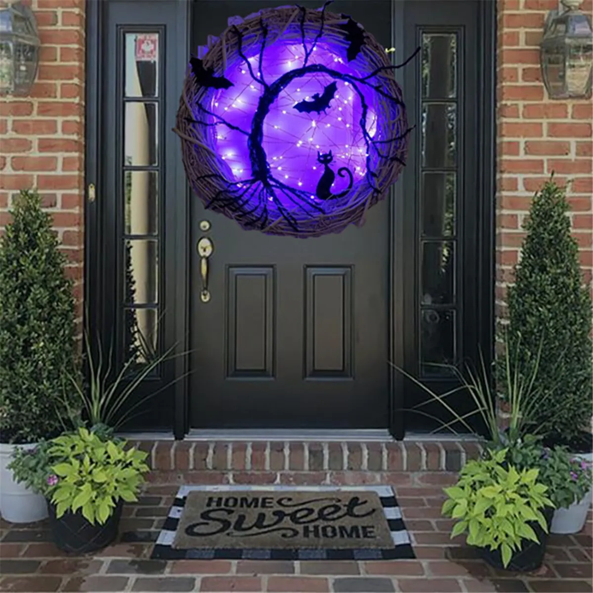 

Halloween Bat Cat Wreath Light Glowing Hanging Front Door Party Garden Decor