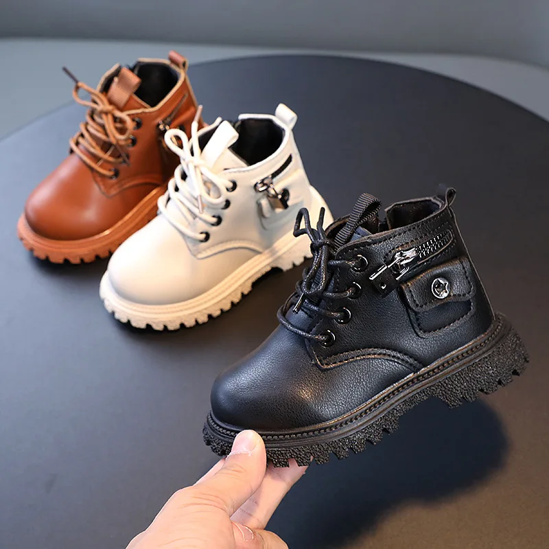 

Girls and Boys Autumn Pockets Tide Boots Winter An Iron Lock Decoration Solid Black Unisex Lace Up British Style Ankle Boots