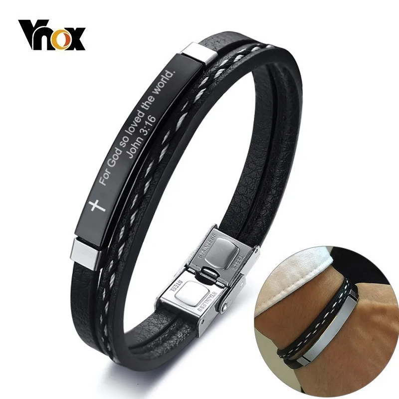 

Vnox Assorted Bible Verse Quotes Bracelets for Men Layered Leather Custom Stainless Steel ID Tag Casual Christ Cross Male Bangle
