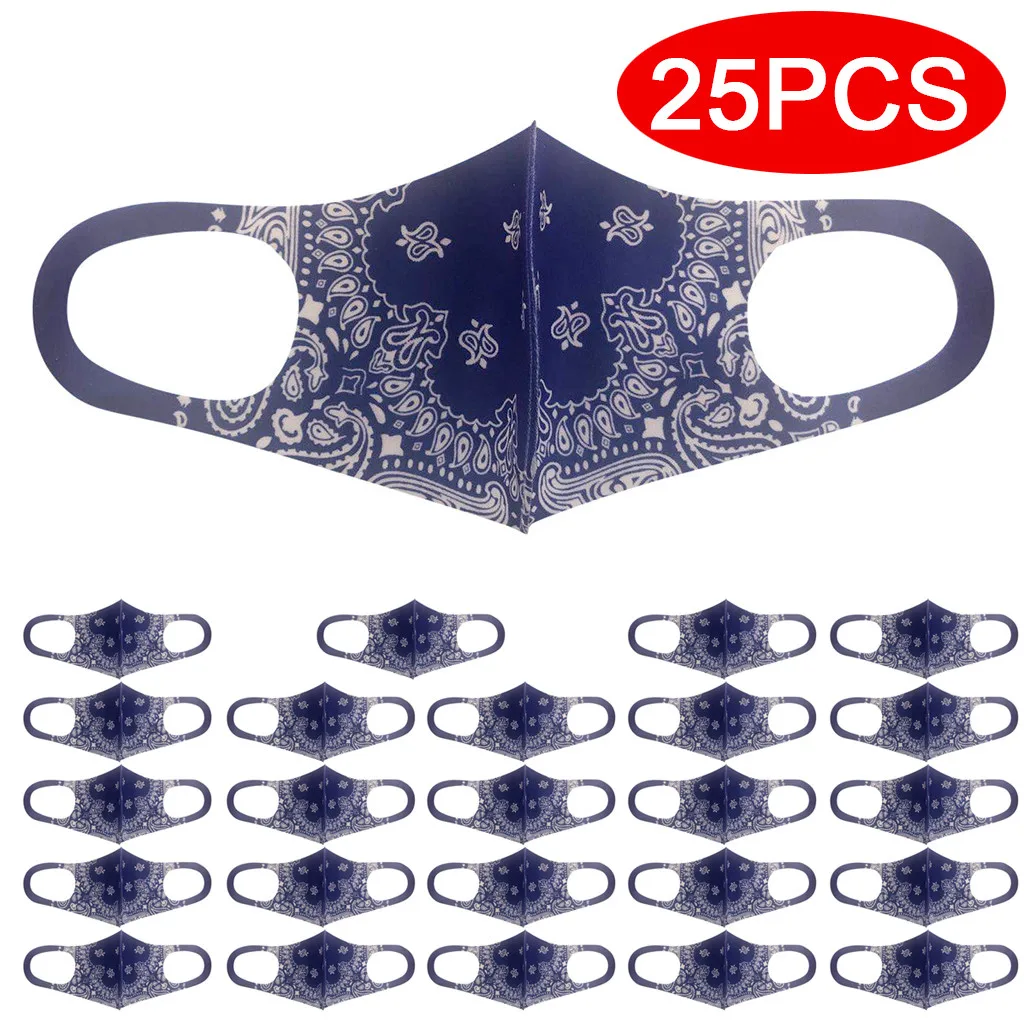 

25 PCs Adult Ice Silk Printed Protective Mask Washable Dustproof Anti Haze Smog Breathable Reusable 3D Masks Outdoor Cycling