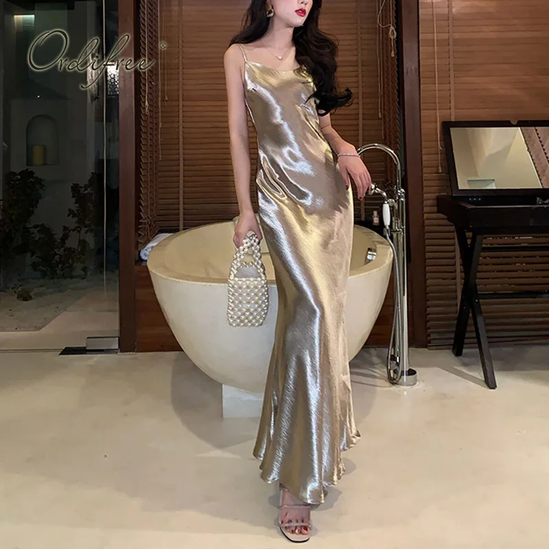 

Женское длинное атласное платье Ordifree, блестящее шелковое платье макси золотистого цвета с открытой спиной, лето 2023