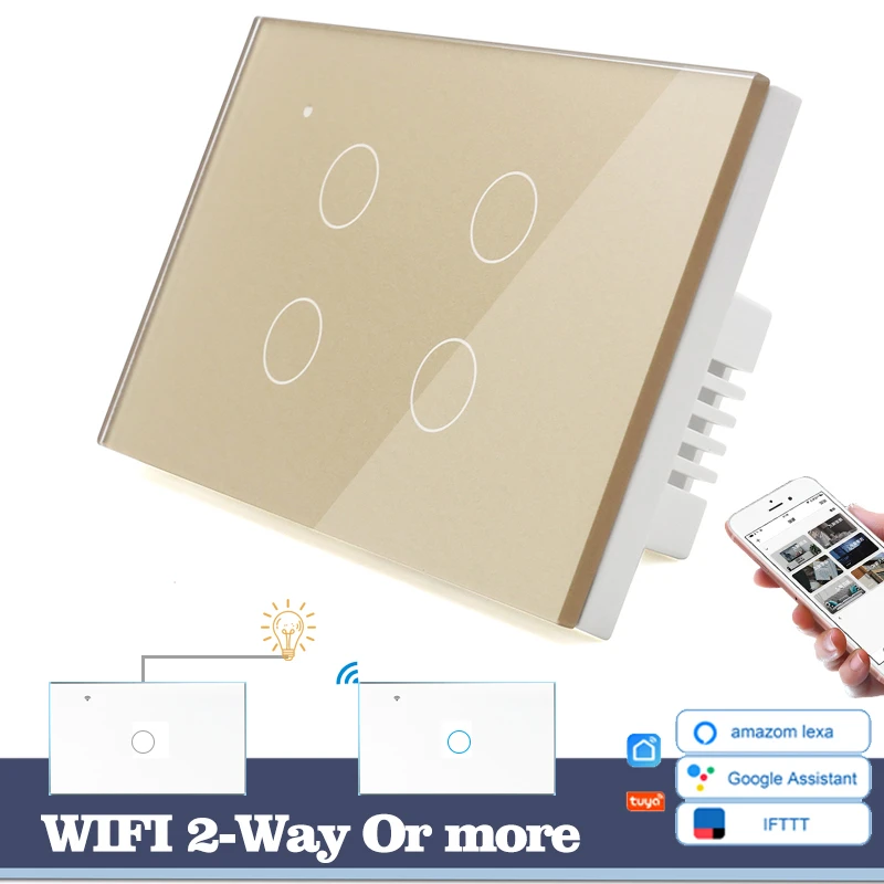 

WIFI Touch Light Wall Switch Gold Glass Blue LED 118*72mm Smart Home Phone Control 4Gang 2Way Round Alexa Google Home Alice