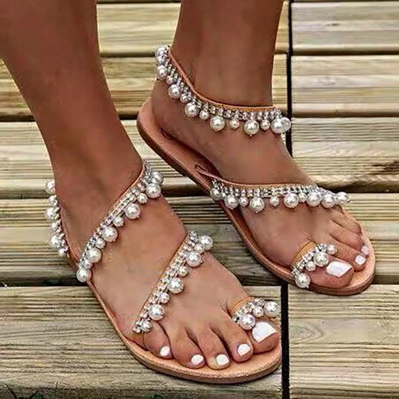 

2020 hot-selling Roman Sandals Women Europe and the United States new flat-bottom Tassel Pearl Sandals plus size sandals