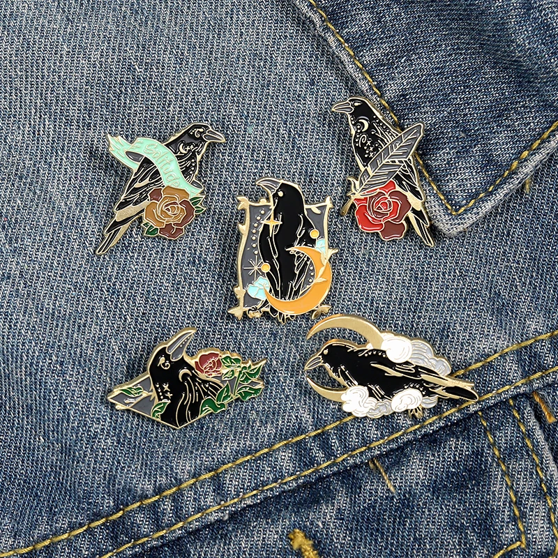 Solitude Gothic crow enamel pin black bird pink flower badge brooch Denim Jackets Shirt bag Lapel jewelry gift for women | Украшения и