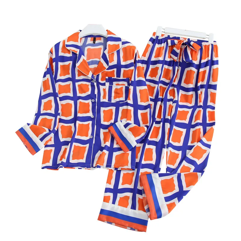 

Harajpee Women Pajama 2021 Spring Autumn Korean Casual Leisure Style Contrasting Color Design Large Lattice Block Home Wear Suit