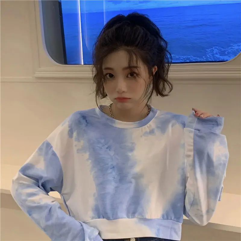 

2021 Women Long Sleeve O-Neck Female Sweatshirts Casual Autumn Ladies Short Cropped Tops Streetwear Tie Dye Printted Hoodies