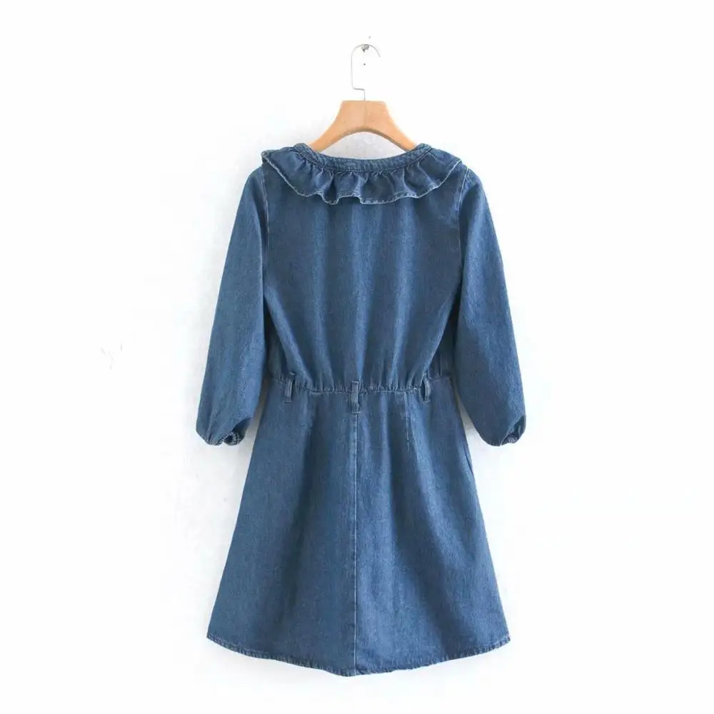 Женское винтажное джинсовое мини-платье с V-образным вырезом оборками и рукавом