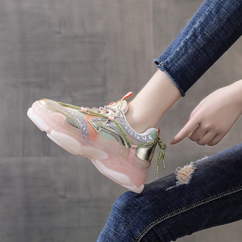 

Women Flats Sneakers Bling Casual Dad Shoes Platform Sneakers Transparent Jelly Sole 2021 Summer Breathable Mesh Sneakers