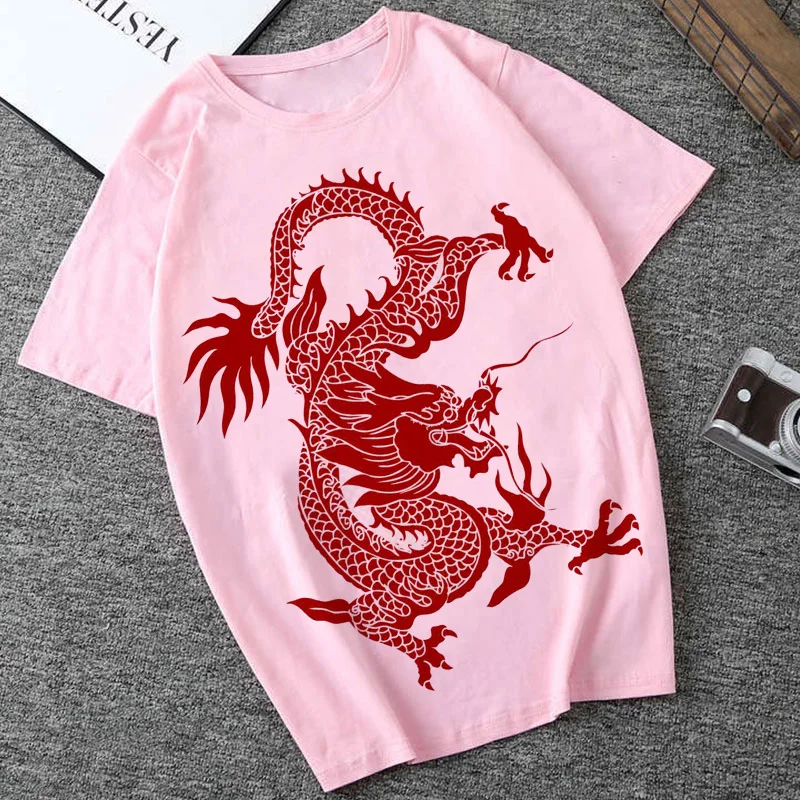 

Streetwear Tops Women's T-shirt Harajuku Retro Chinese Dragon Print Pink T-shirt Shirt O-neck Oversized Loose Casual T-shirts