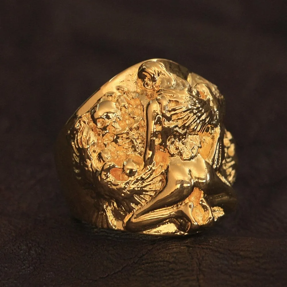 

LINSION Sexy Girl Skull Ring Gold Plated Brass Mens Biker Rock Punk Jewelry GP258 US Size 7~15