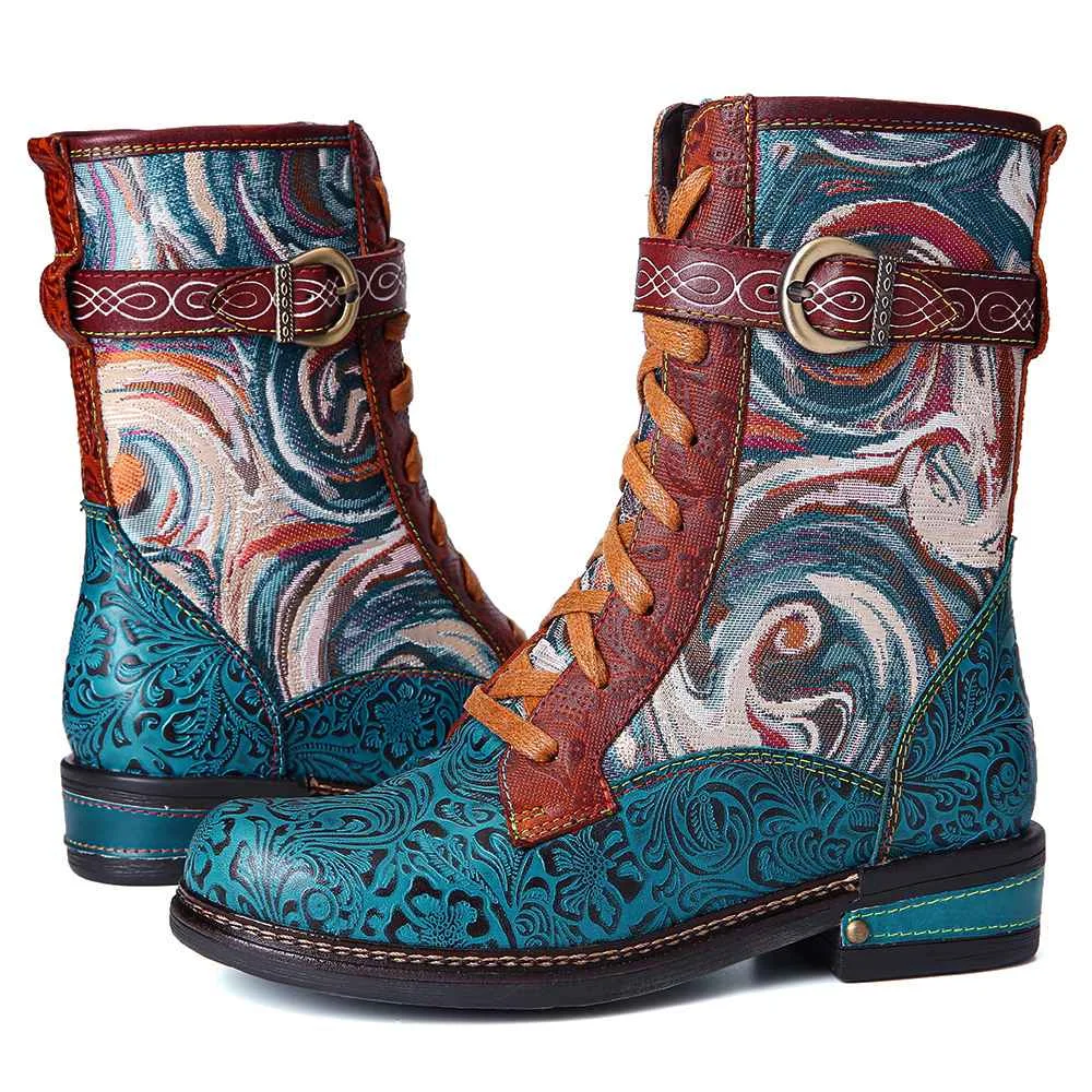 SOCOFY Botas Mujer Embossed Genuine Leather Splicing Fancy Pattern Lace Up Zipper Flat Short Boots Ladies Shoes Women Winter | Обувь