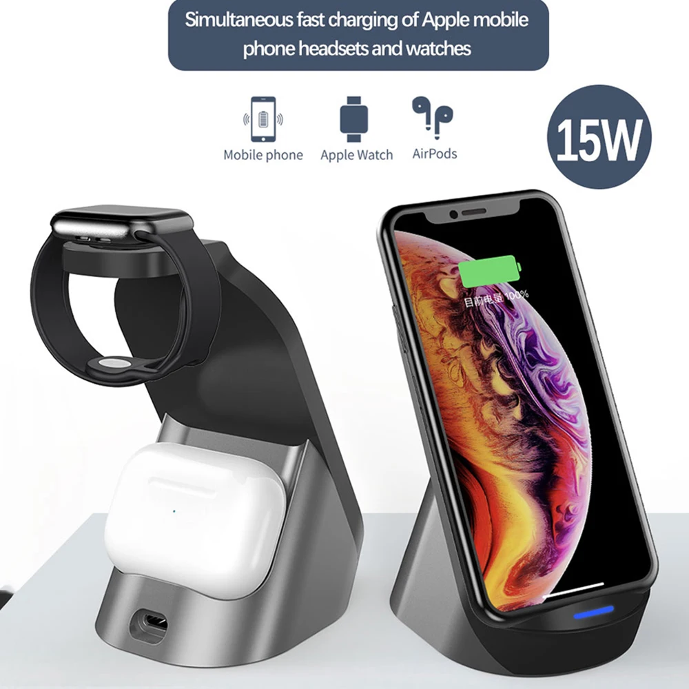 

15W Fast Charging Dock Charger 3 in 1 Desktop Wireless Charger Stand forIPhone20/11 pro /11 forIwtach forAirPods Pro