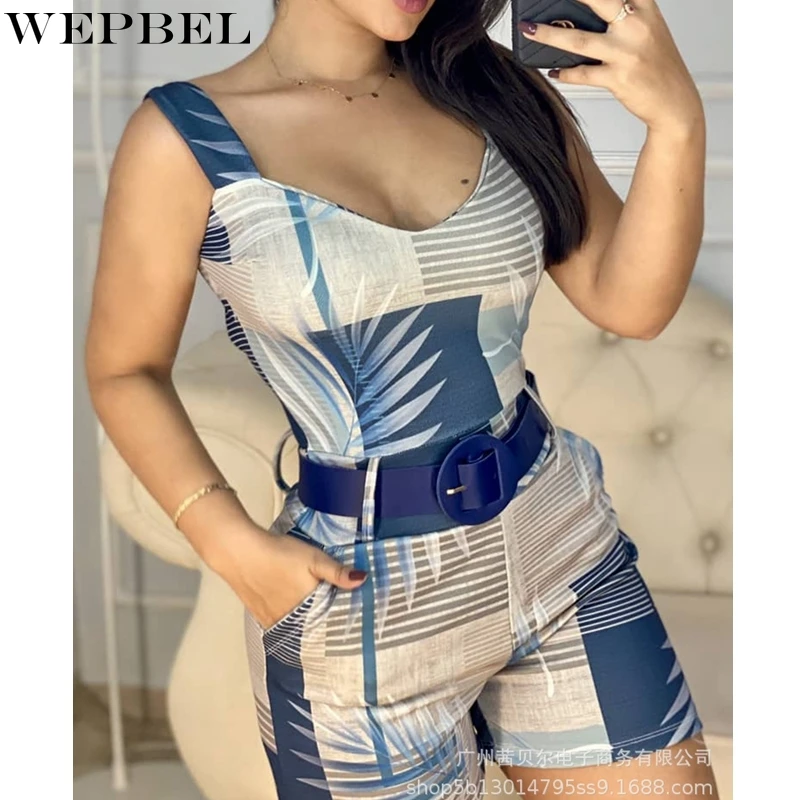 

WEPBEL Playsuits Women's Casual Slim Print Playsuits Summer Sexy V-neck Spaghetti Strap High Waist Straight Playsuits