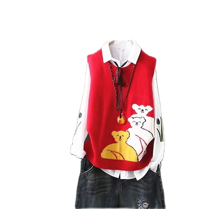 

2020 Cute Cartoon Bear Ladies Spring Autumn Vest Women O-Neck Korean Sweater Vest Sleeveless Knit Pullover Top Outerwear Vest