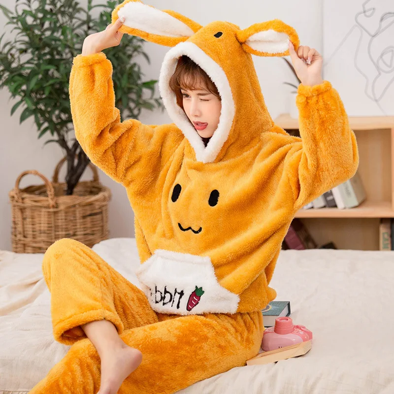 

2022 Warm Coral Velvet Pajamas Set For Women Girls Sleepwear Winter New Nightwear Cartoon Pijamas Mujer Cute Rabbit Home Clothes