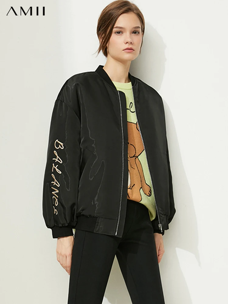 Amii Minimalism Winter Women Parkas Fashion Letter Embroidery Short Jacket Casual Zipper Loose Overcoat Female Clothes 12120332