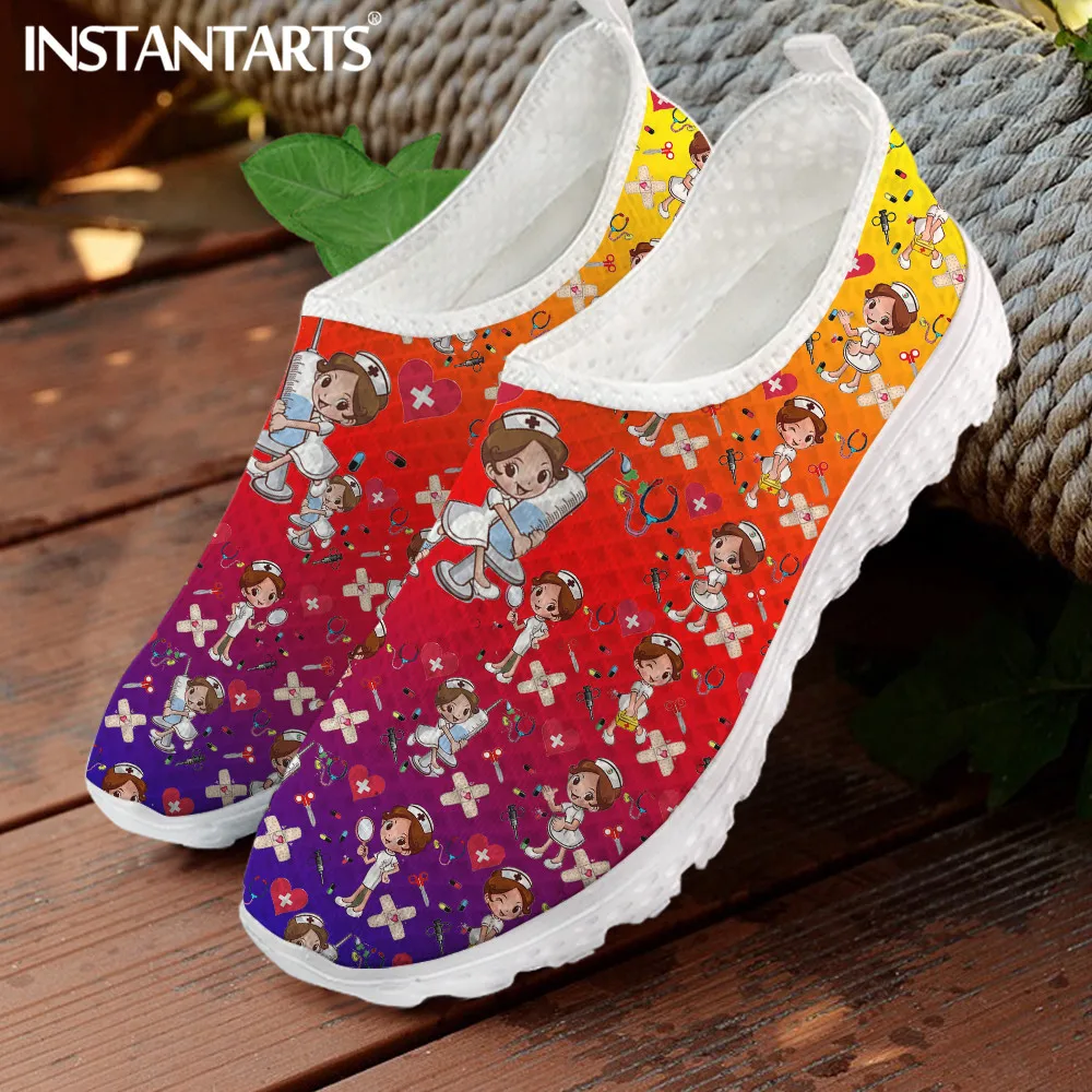 

INSTANTARTS Gradient Cartoon Nurse Doctor Brand Design Mesh Sneakers Woman Flats Shoes Breathable Female Slip on Loafers Mujer