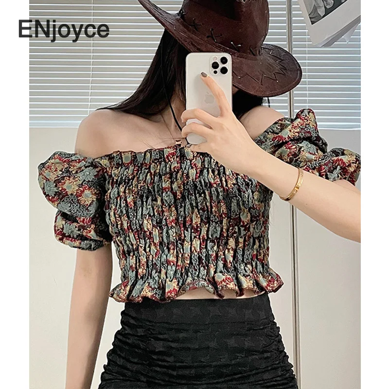

Vintage Floral Printed Sexy Elastic Off-Shoulder Cropped Tops Women Summer Casual Slim Holiday Bandage Tank Top Puff Sleeve Tee