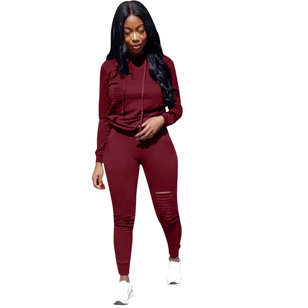 

European and American women's wear solid color sports leisure burnt flower hooded long sleeve suit two-piece set
