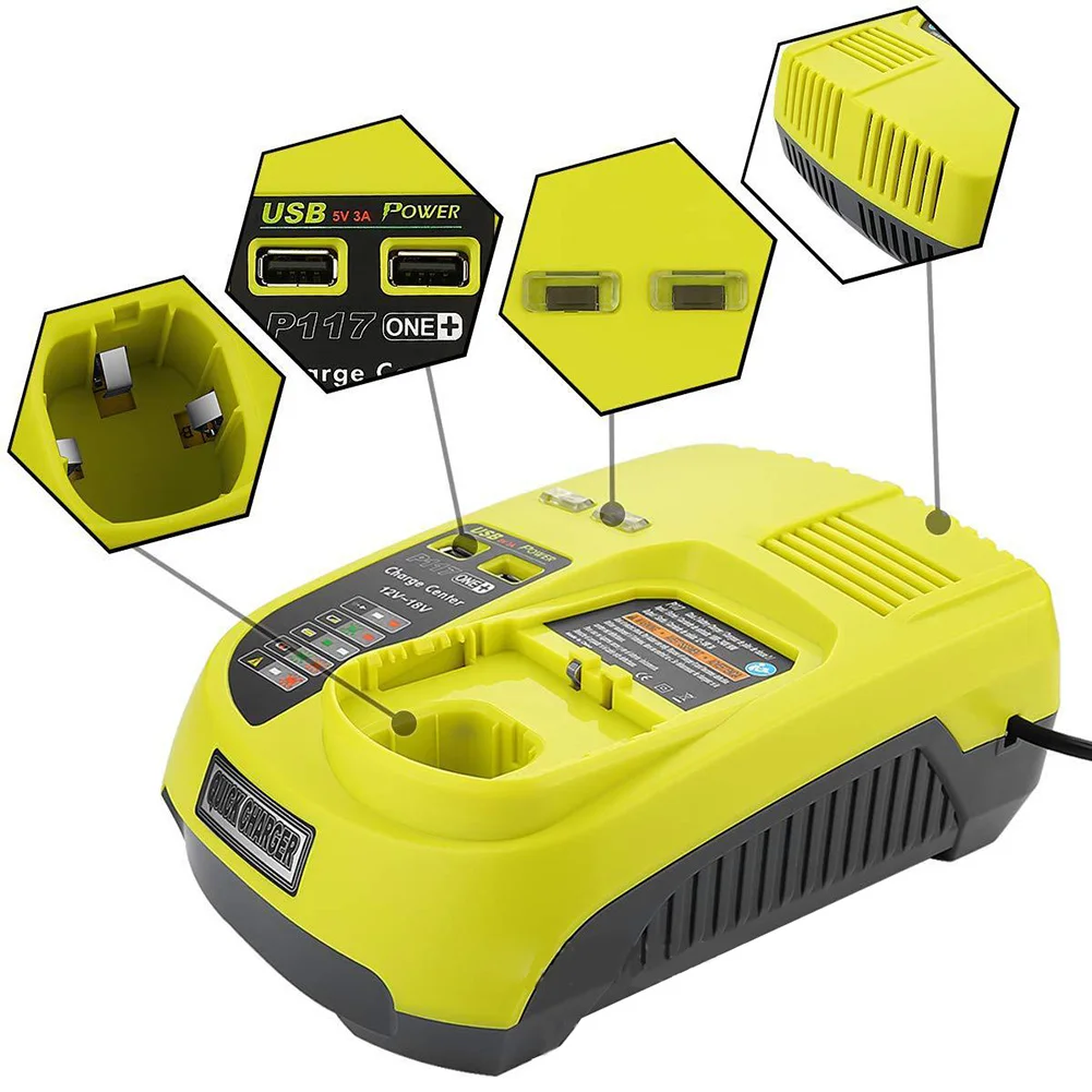 

12V-18V Universal rechargeable Battery Charger for Ryobi P100 P102 P108 P117 P118 with USB ports quick charge UK/EU/US/ Plug