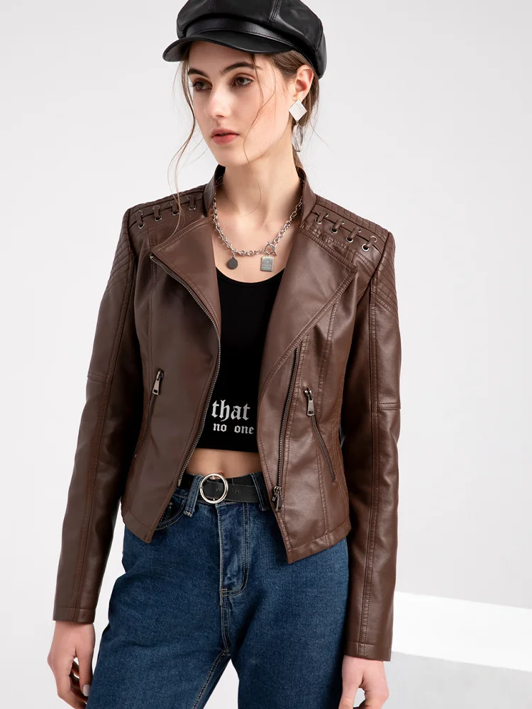 

Spring And Autumn 2023 Lapel Pu Faux Leather Jacket Women's Leather Short Jacket Slim Thin Leather Jacket Ladies Motorcycle Suit
