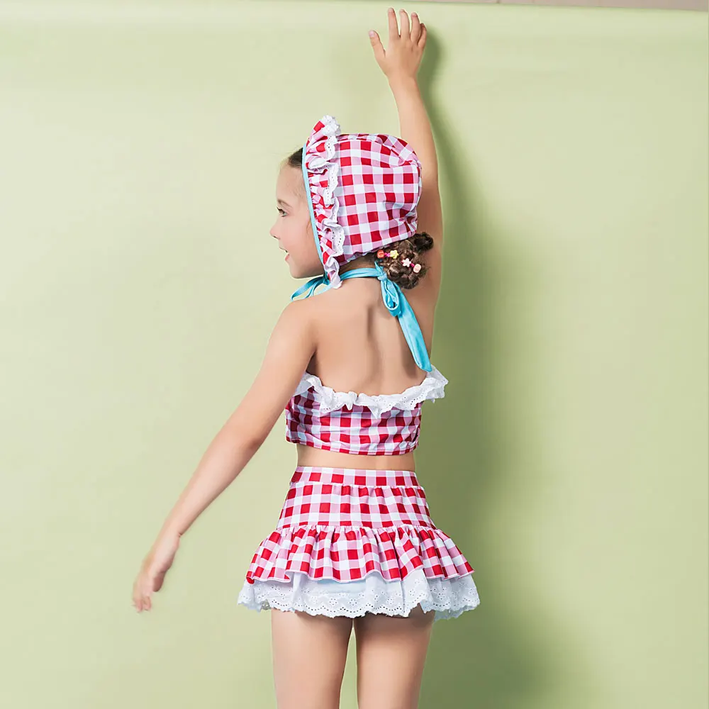 Girls Two Piece Swimsuit Falbala High Waisted Skirted Bikini Set Halter Neck Swimwear Gingham Printing Bathing Suits with Hats | Спорт и