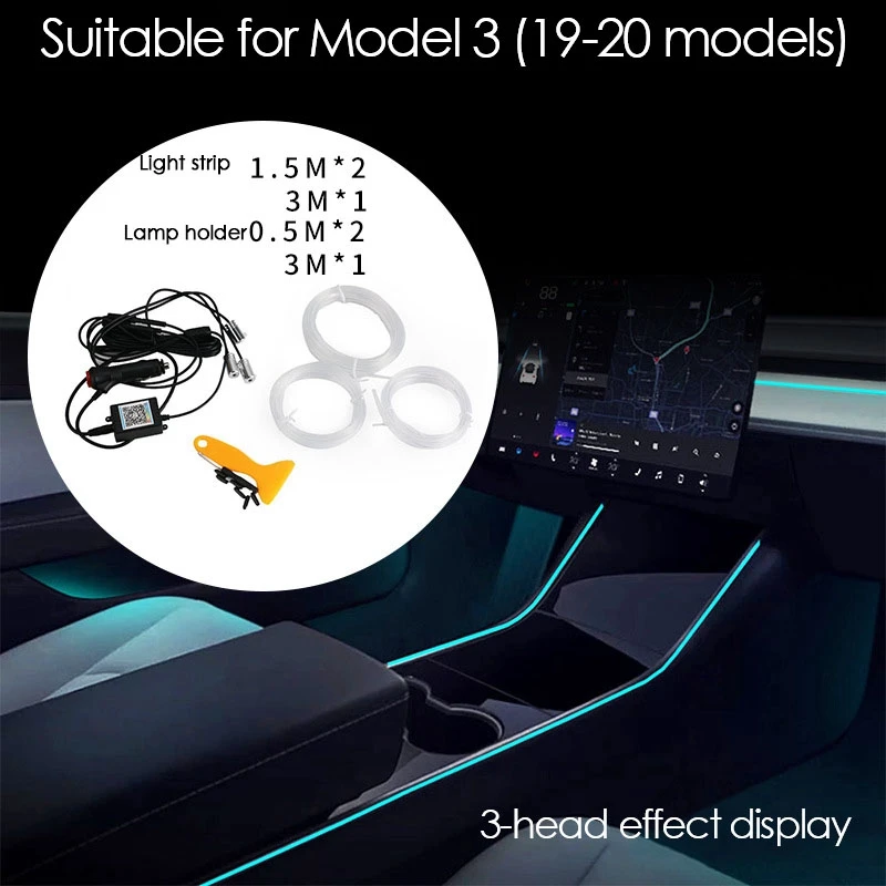 

3PCS for Tesla Model 3 Y Atmosphere Light Lamp Interior Neon Lights RGB Led Strip Lights with App Controlled 2019 2020
