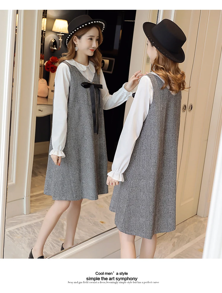 6596# 2PCS/Set Autumn Korean Fashion Maternity Dress Sweet Lovely Straight Loose Clothes for Pregnant Women Fall Pregnancy