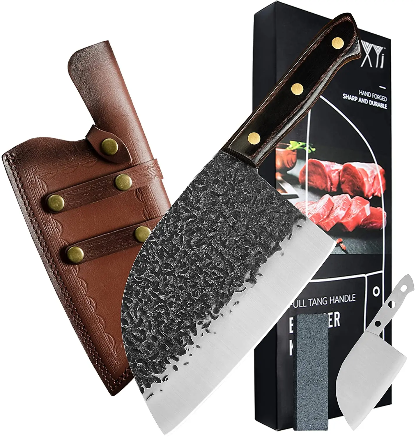 

XYJ полный Танг 7 дюймов старинный нож мясника с кожаным футляром и точильным камнем из нержавеющей стали китайский кухонный нож измельчител...