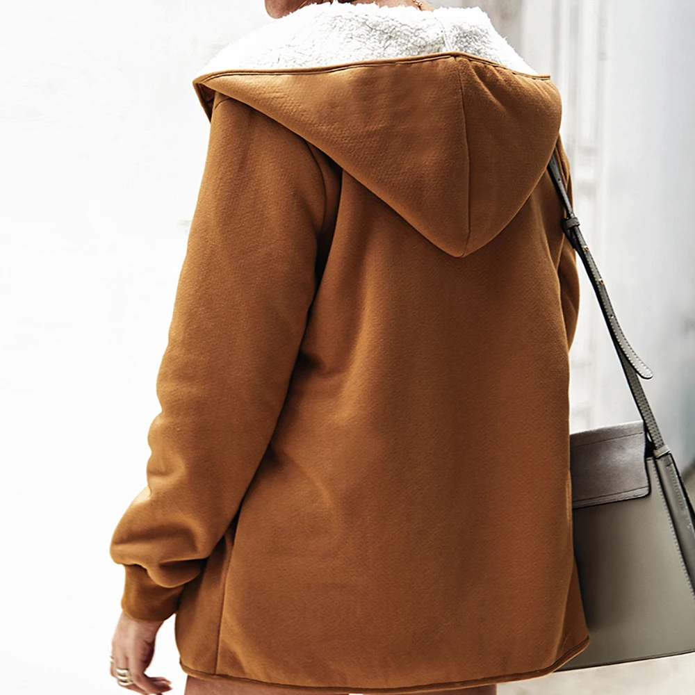 

2020 New Women Solid Colour Hoodie Coat With A Zipper Coat And A Fuzzy Warm Casual Loose Ladies Coats
