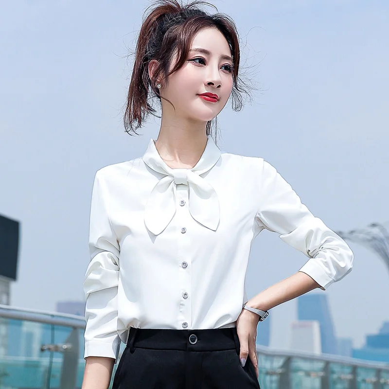 Korean Female White Shirt Women'S New Spring Autumn Foreign Style Long Sleeve Bottomed  Bow Tie Rabbit Ear Pink Top Lady