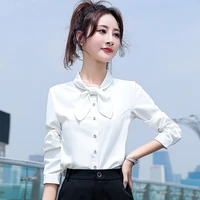 korean female white shirt womens new spring autumn foreign style long sleeve bottomed bow tie rabbit ear pink top lady