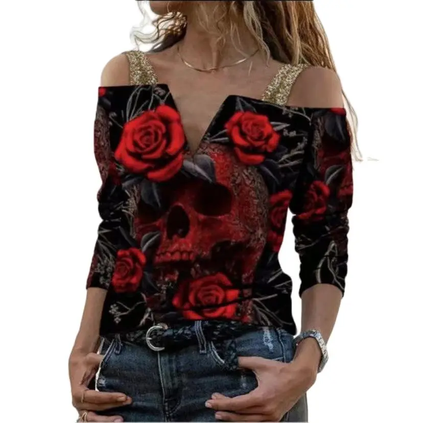

Sexy Slash Neck V t Shirt Women Long Sleeve Top Floral Printing Pullover Casual Ladies Top Sexy Elegant t Shirt Female