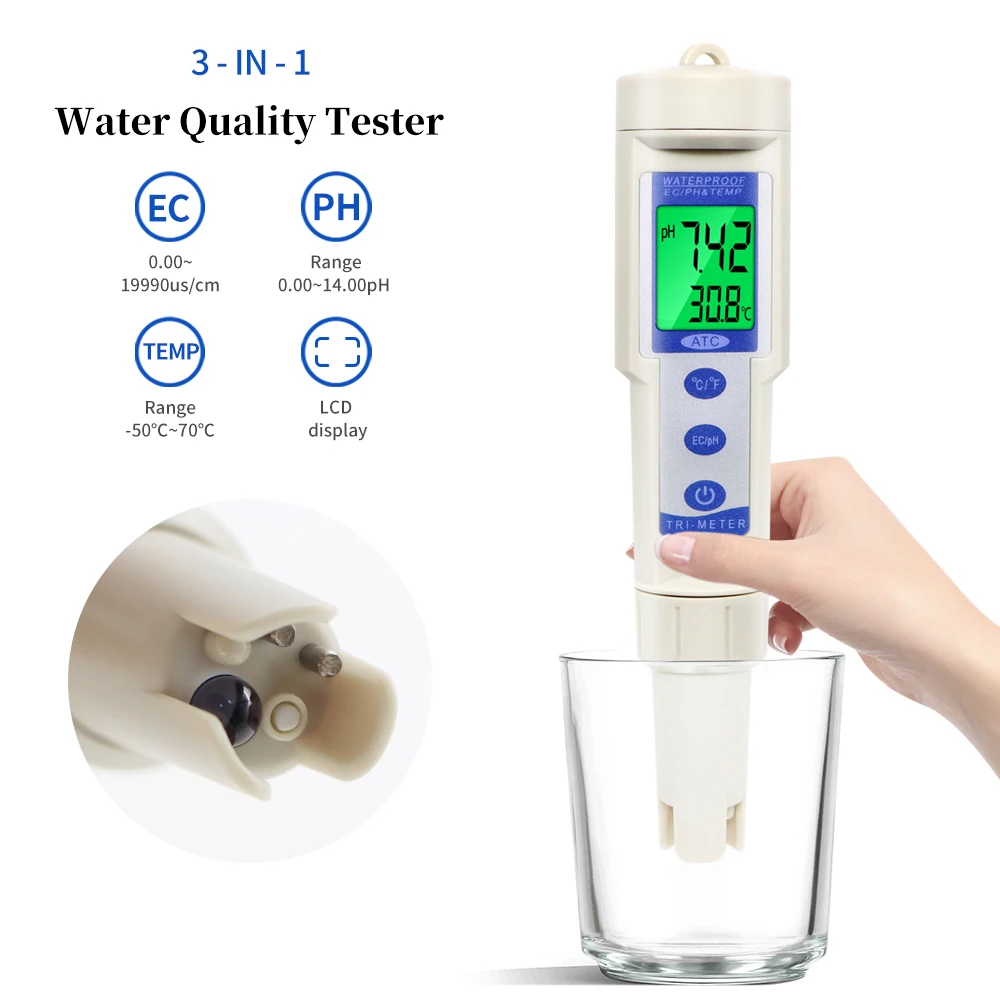 

Digital pen type Waterproof with ATC for Aquariums Water Quality Tester 3 In 1 Temperature EC PH Meter
