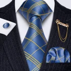 Модный синий клетчатый мужской галстук-брошь набор шелковый галстук для мужчин подарки платок запонки набор Барри. Ван дизайнерский галстук GS-5234