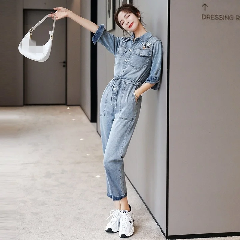 Women Spring High Waist Straight Cargo Jeans Safari Style Print Long Sleeve Jumpsuits New Fashion Single Breasted Casual Rompers