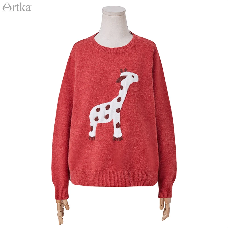 ARTKA 2019 Autumn Winter New Women Sweater Cute Animal O-Neck Pullover Long Sleeve Casual Loose Knitted YB11390Q | Женская одежда