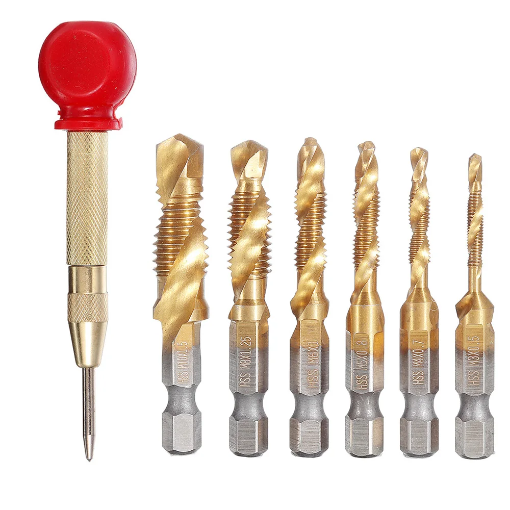 

7Pcs Drill Bit Set 6Pcs M3-M10 Combination Drill Tap Bit Set HSS Drill Bits with 1Pcs Automatic Center Punch