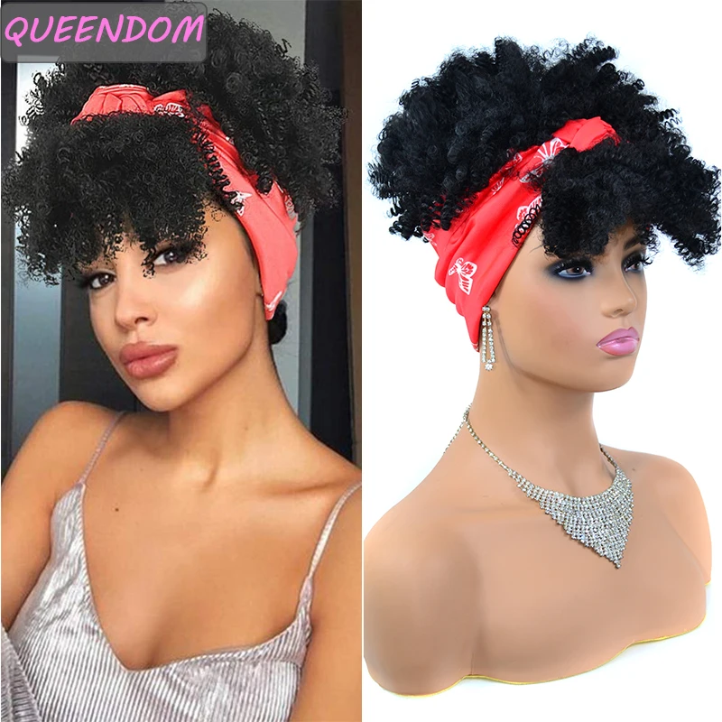 

Short Afro Kinky Curly Headband Wig Synthetic Scarf Wrap Wig with Puff Bangs 10 " Natural High Temperature Fiber Deep Curly Hair