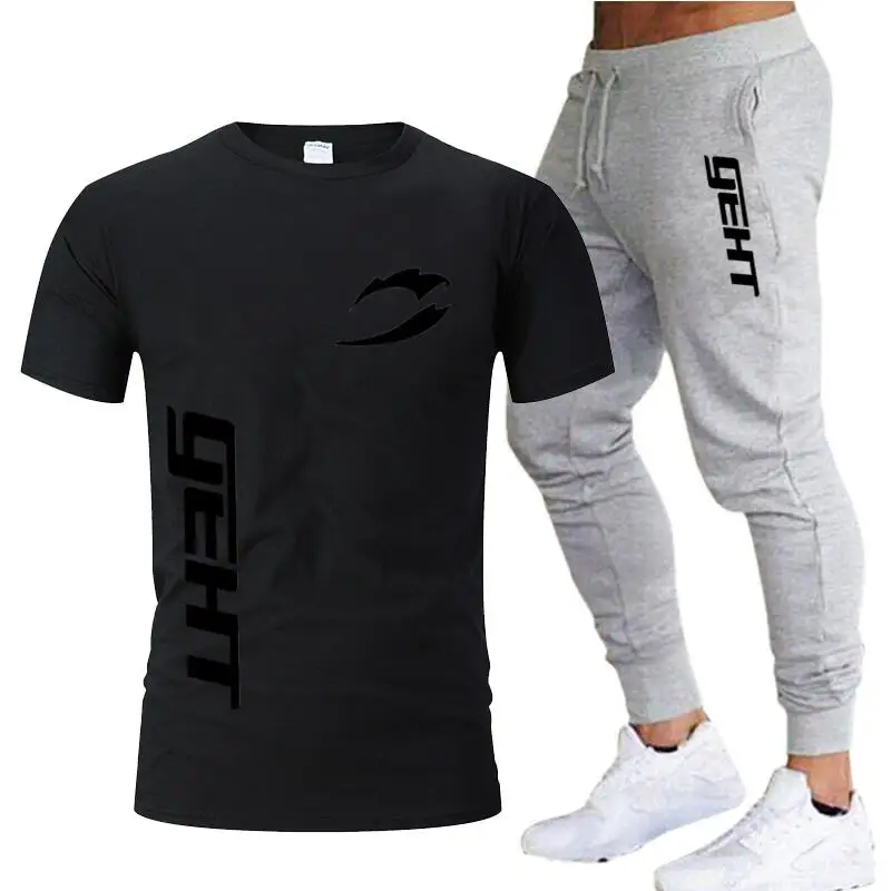 

GEHT summer T-shirt pants two-piece men's casual sports suit tide brand sportswear pure cotton fashion men's clothing