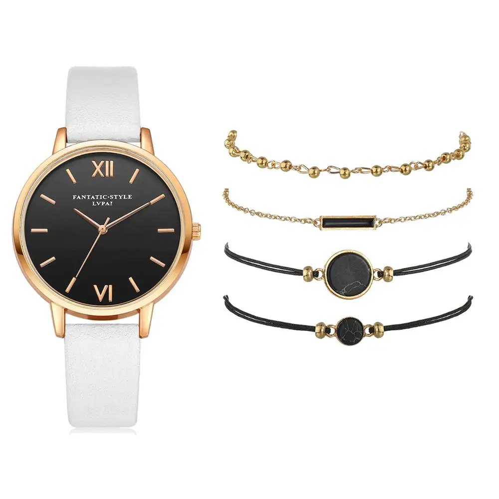 

5pcs Set Top Style Fashion Women's Luxury Leather Band Analog Quartz WristWatch Ladies Watch Women Dress Reloj Mujer Black Clock