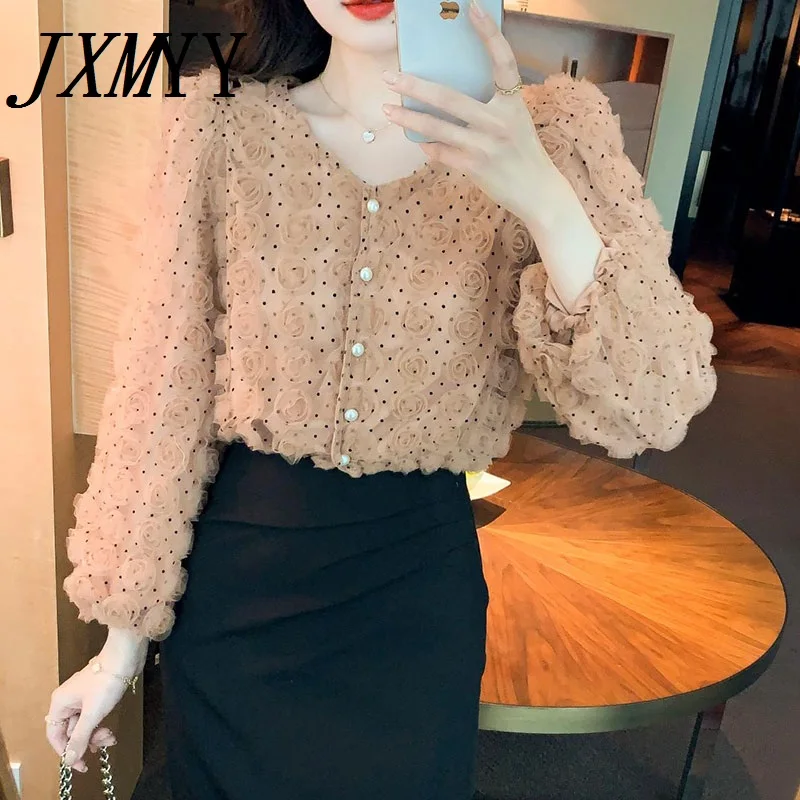 JXMYY 2022 Spring New Fashion Three-Dimensional Flower Lace Bottoming Shirt Female V-Neck Design Elegant Temperament Blouse | Женская