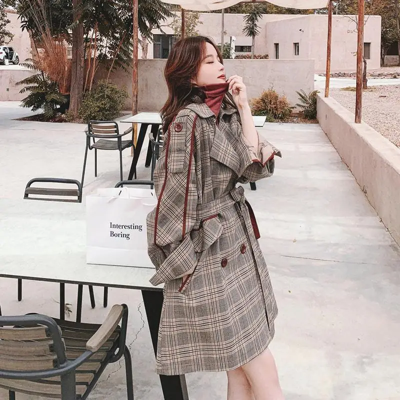 

Quality Women Plaid Blazer Trench Coat Female Vintage Elegant Office Ladies Cloak Sashes Topcoat for Women 2021Autumn Winter New