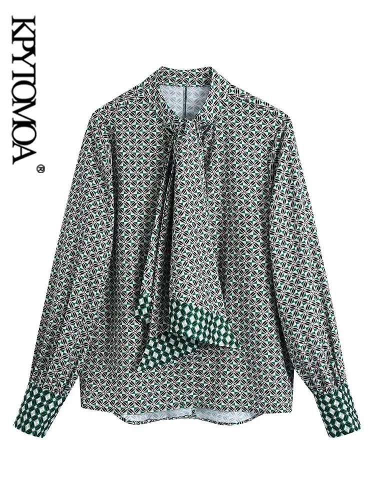 

KPYTOMOA Women Fashion With Bow Tied Geometric Print Blouses Vintage Long Sleeve Back Open Female Shirts Blusas Chic Tops