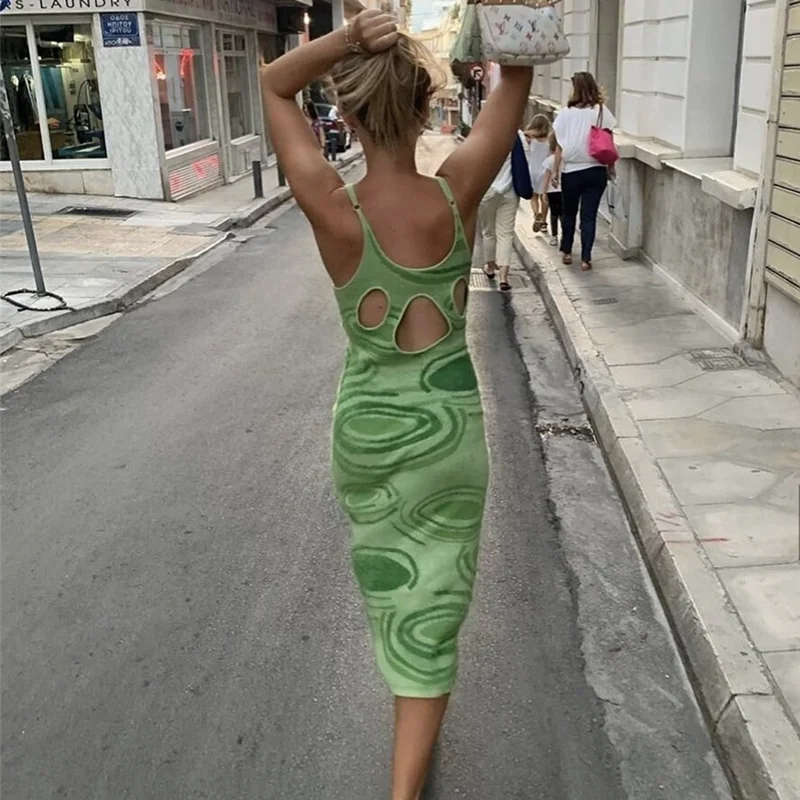 

Paisley Knitted Women's Dress Spaghetti Strap Sexy Bodycon Dress Summer Beachwear Y2K Fashion Hollow Out Women Party Dresses