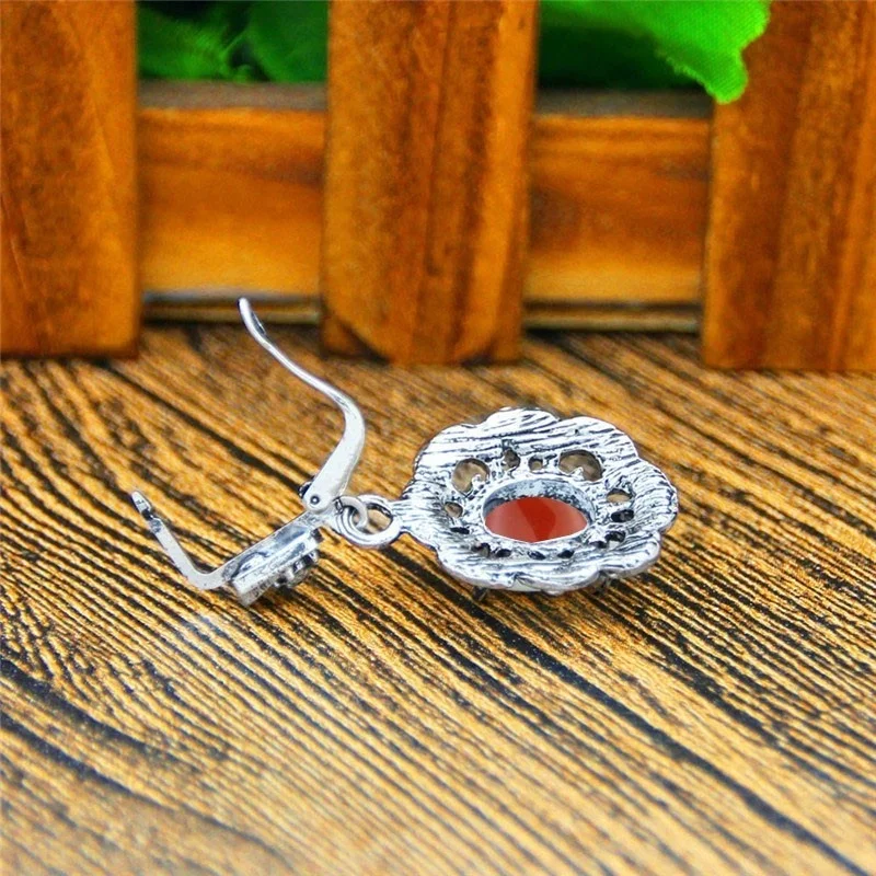 Vintage Agate Jewelry Set Natural Stone Necklace Earring Rhinestone Flower Antique Sliver Plated For Fashion | Украшения и