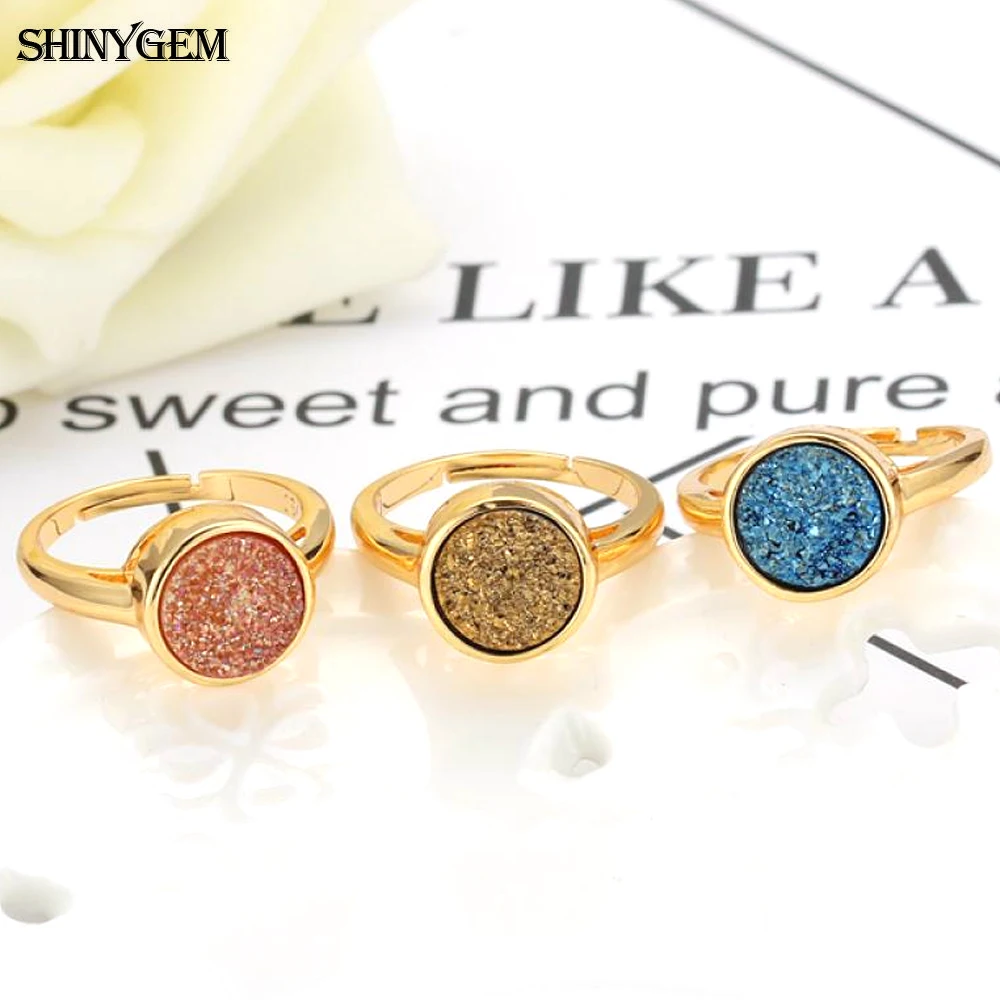 ShinyGem винтажные кольца с натуральным кристаллом Druzy круглые регулируемым золотым